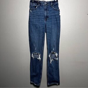 Abercrombie and Fitch Women 90s Straight Ultra High Rise Dark Wash Denim Rip Kne